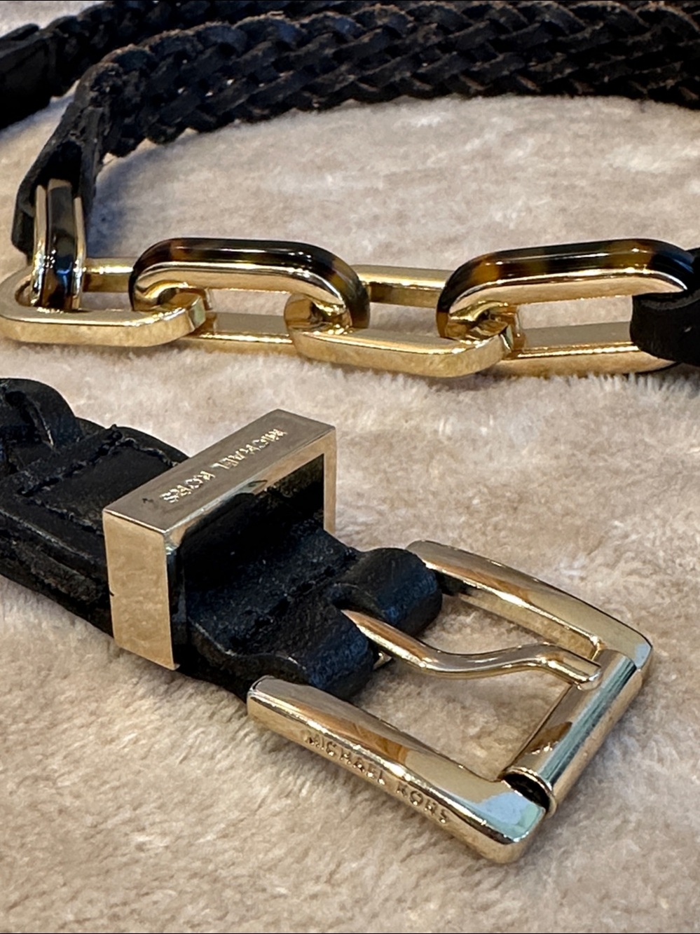 Michael Kors Black Braided Leather Belt with Gold Buckle & Tortoise Chain Links